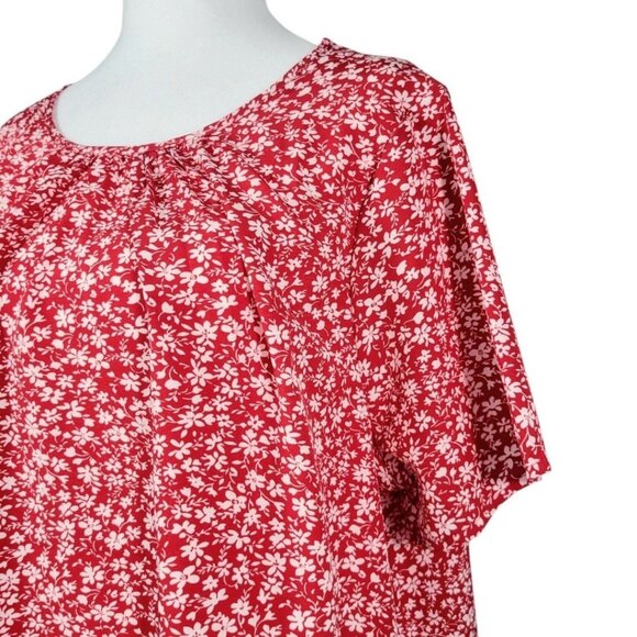 Womens Vibrant Red Floral Print Blouse Plus 1X 2X Short Sleeve Gathered Neckline - Picture 3 of 11